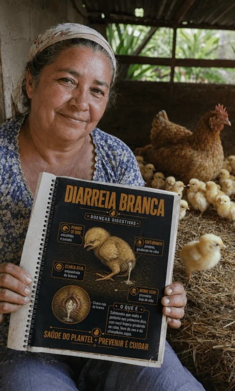 Marlene com os pintinhos consultando o material impresso