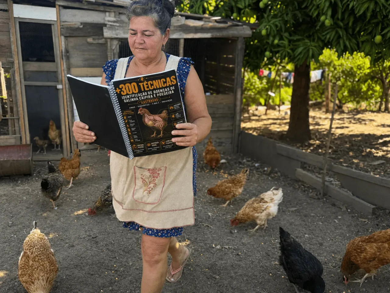 Criador de galinha caipira consultando o material no galinheiro 2