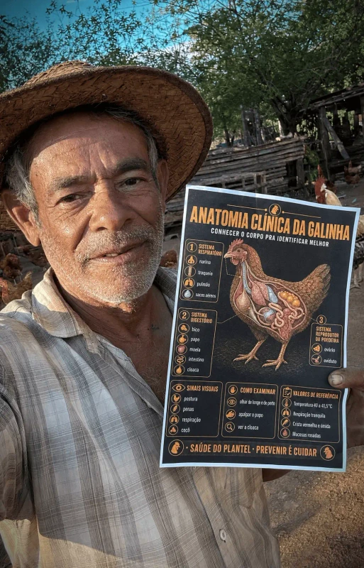 Seu Raimundo mostrando o material impresso no galinheiro