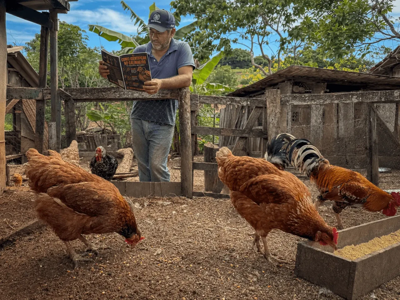 Criador de galinha caipira consultando o material no galinheiro 3