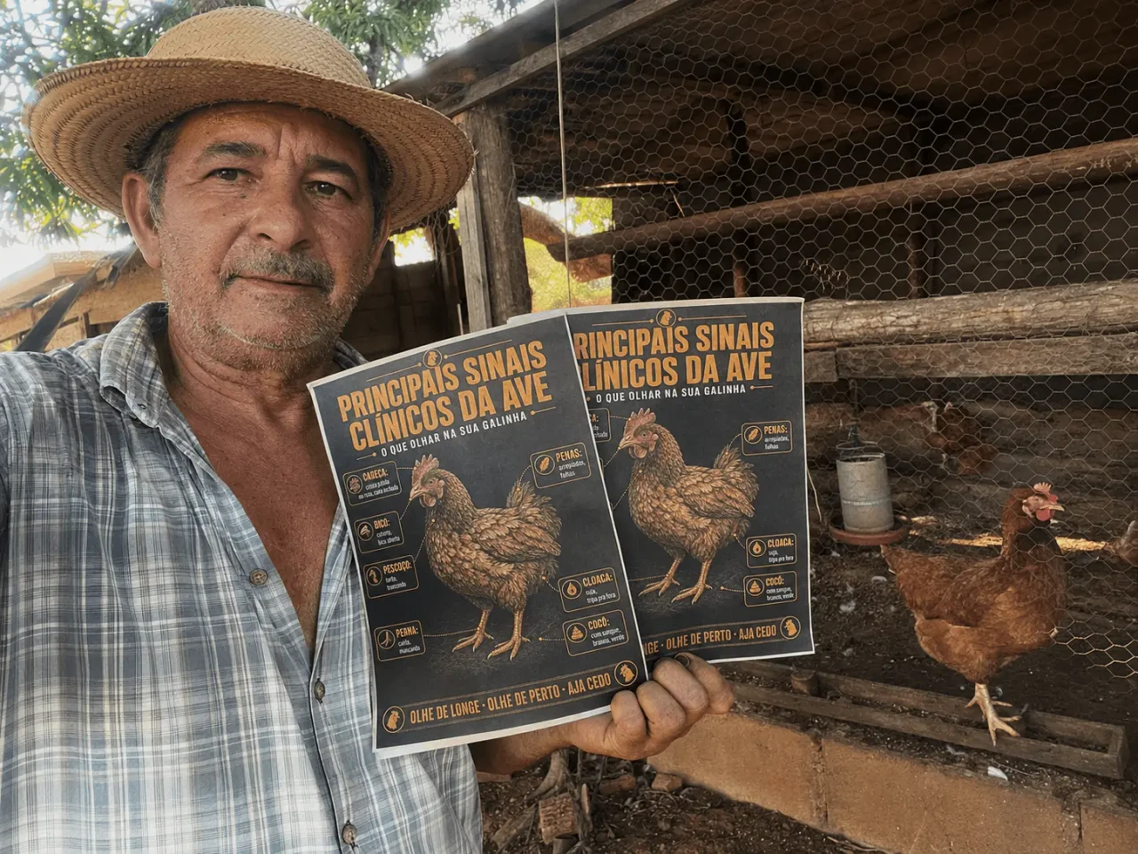 Criador de galinha caipira consultando o material no galinheiro 1