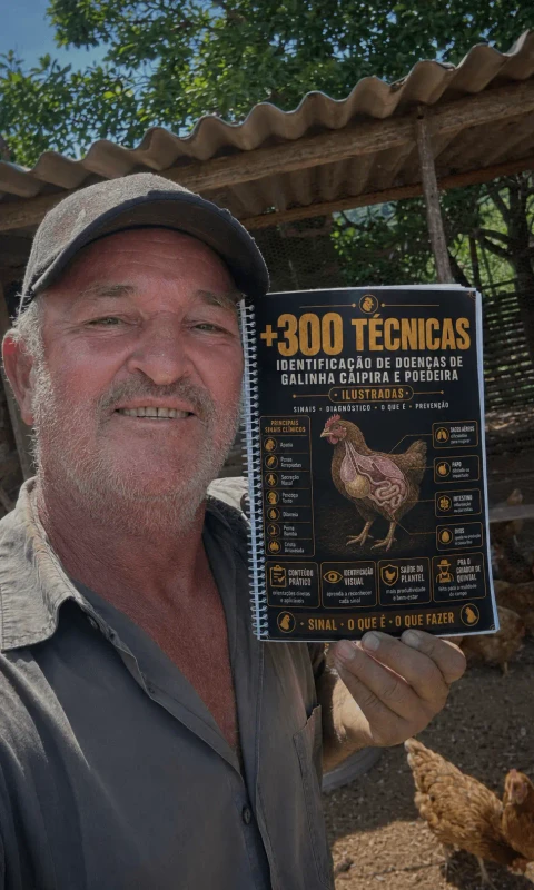 Seu Antônio mostrando o material impresso na criação